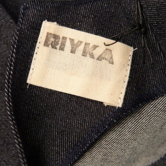 RIYKA Leonie Denim Mini Dress S Geometric Panels Long Sleeve Round Neck Cowgirl - Picture 5 of 7